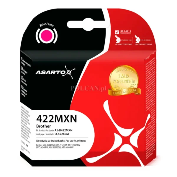 Tusz Asarto AS-B422MXN zamiennik Brother LC422XLM, magenta (purpurowy), 1500 stron, 19 ml